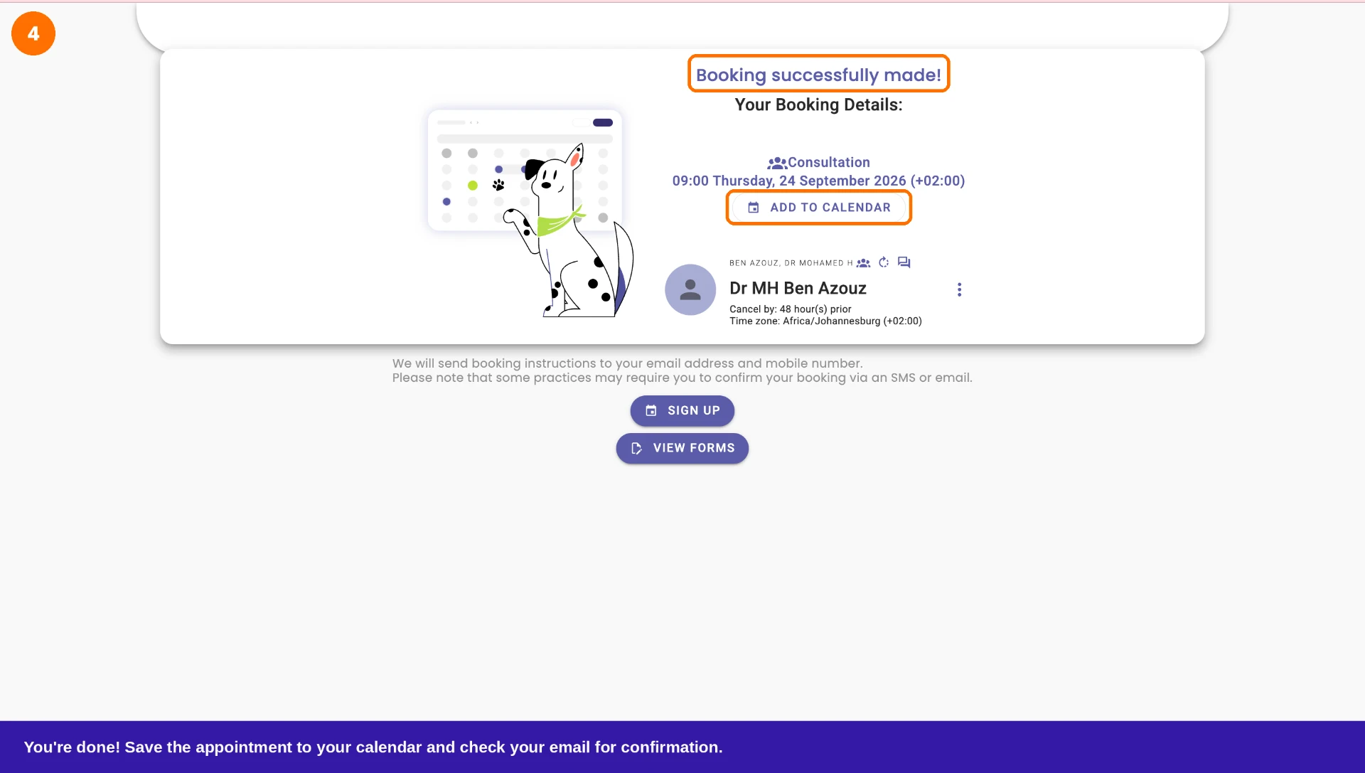 The booking confirmation screen with an add to calendar button